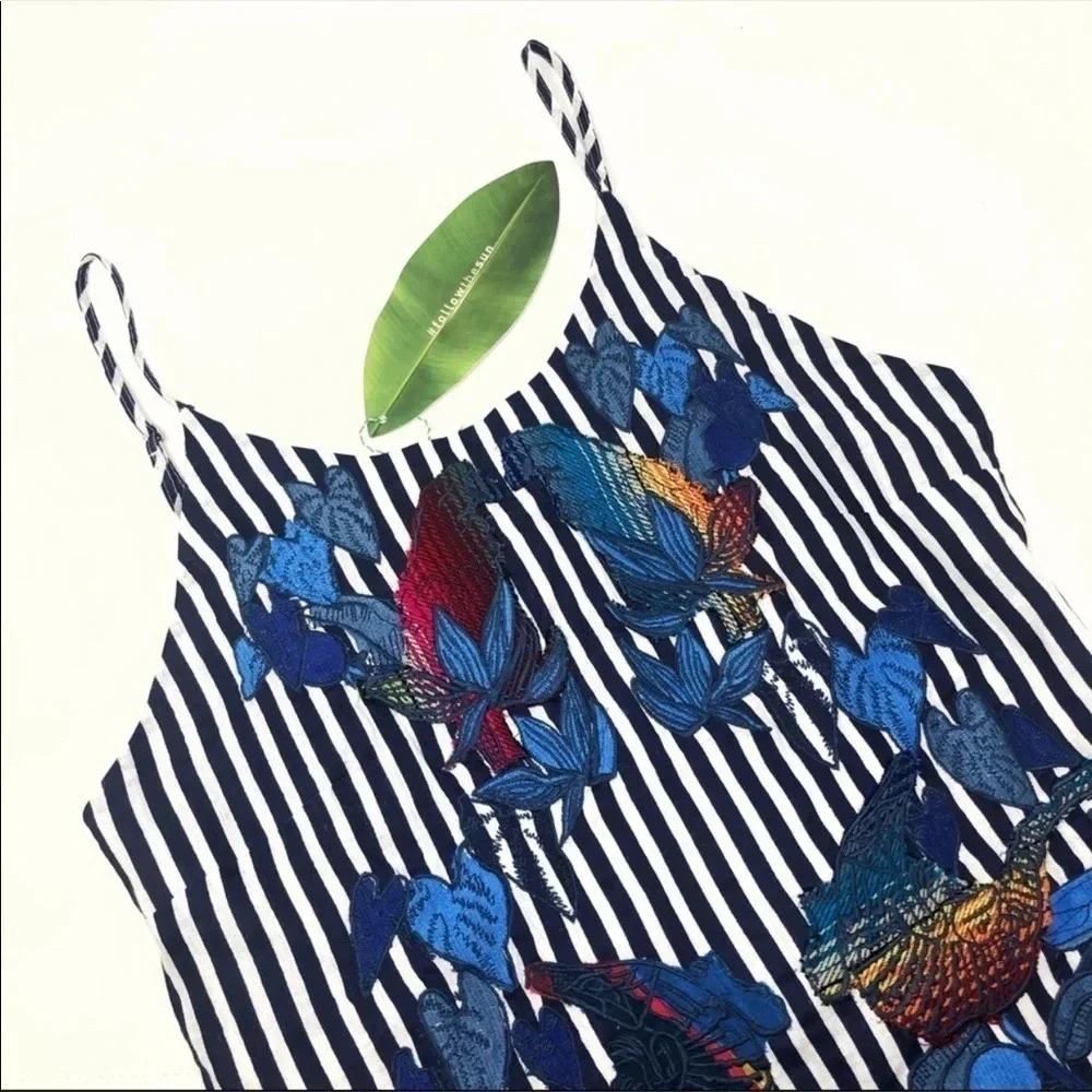 FARM Rio Striped Mini Dress Embroidered Birds Toucan Linen Cover Up Resortwear - Picture 2 of 7
